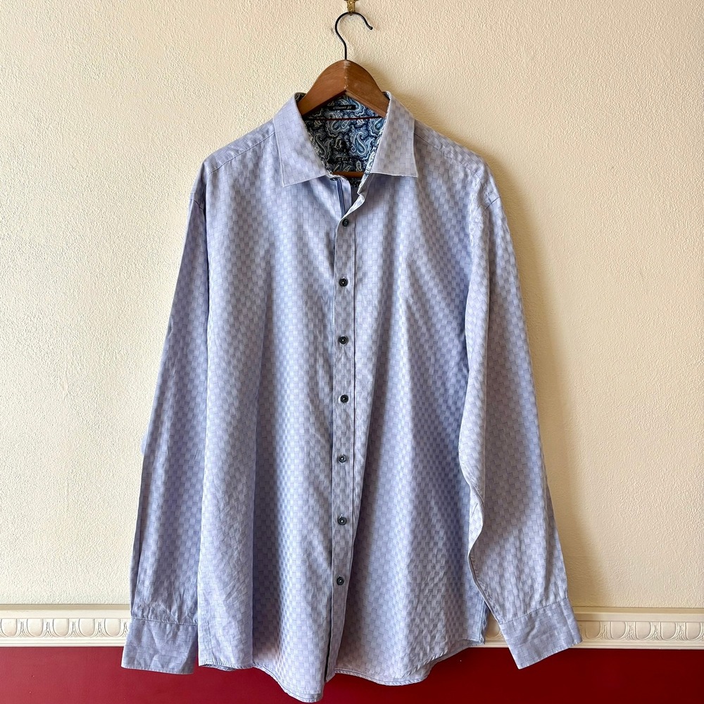 Bugatchi Uomo Men's XXL Classic Fit Button Down Shirt Blue Gray Check Paisley